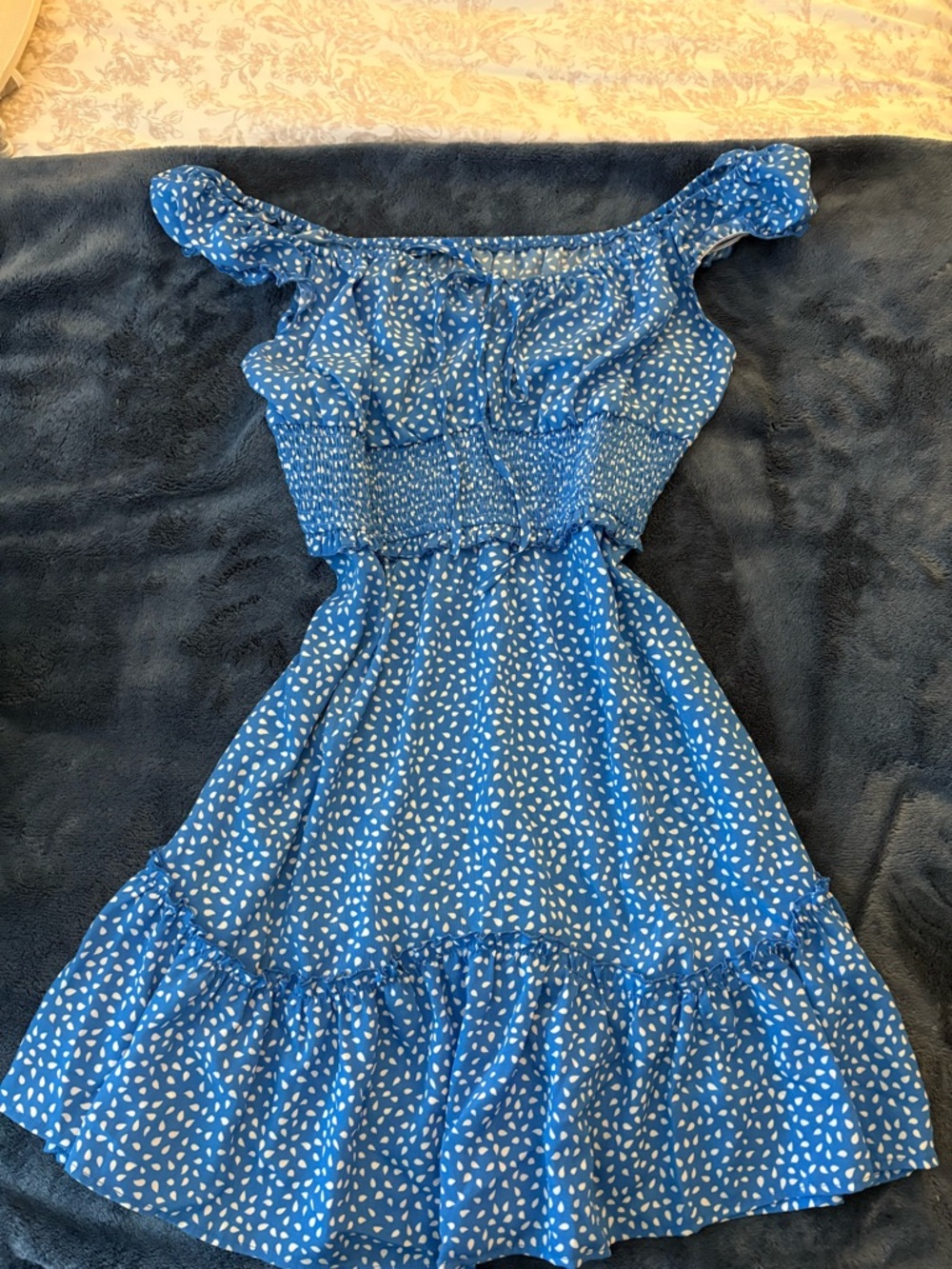Blue Off-Shoulder Ruffle Summer Dress with White Dot Print